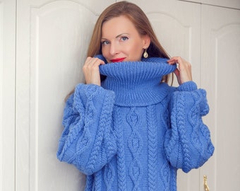 Designer cable knit sweater dress blue hand knitted pullover designer one of a kind blouson by SuperTanya