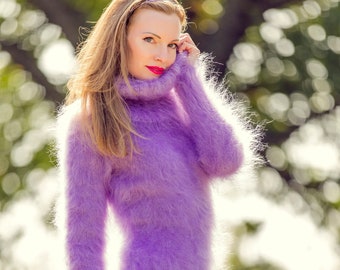 Sexy fuzzy mohair sweater dress hand knitted fluffy tunic long turtleneck pullover by SuperTanya