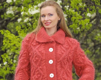 Unique fuzzy cable knitted coat designer pastel red mohair jacket by SuperTanya