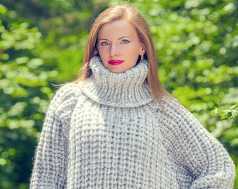 Thick long wool sweater light gray jumper ribbed soft turtleneck pullover by SuperTanya