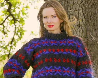 Nordic mohair sweater Norwegian multicolor hand knitted pullover by SuperTanya