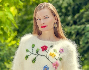 Ivory mohair sweater with embroidered flowers hand knitted fuzzy designer top by SuperTanya