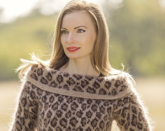 Leopard sweater hand knitted mohair cowlneck pullover by SuperTanya, size S/M