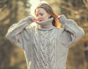 Beige merino wool sweater cable knit jumper hand knitted wool pullover by SuperTanya