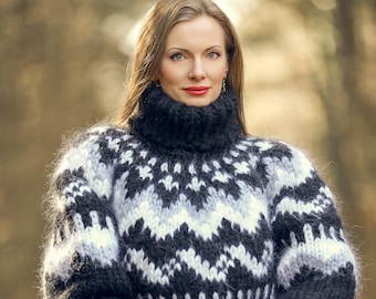 Black thick Icelandic mohair sweater hand knitted Nordic pullover chunky jumper by SuperTanya