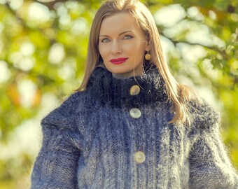 Gray mohair jacket, bespoke gray mohair cardigan with graduating cable pattern, SuperTanya premium knitwear, MADE TO ORDER
