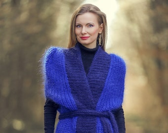 Blue elegant mohair sweater cardigan fuzzy long vest designer sleeveless coat by SuperTanya, ready to ship, one size