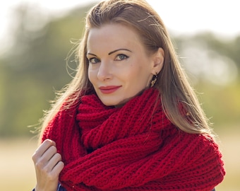 Red wool scarf round infinity shawl by SuperTanya