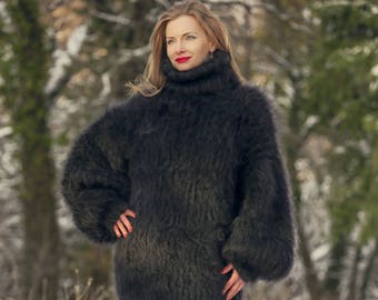 Fuzzy black sweater dress long hand knitted turtleneck thick winter dress by SuperTanya