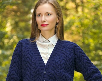 Elegant blue cable knit cardigan hand knitted designer V neck sweater by SuperTanya