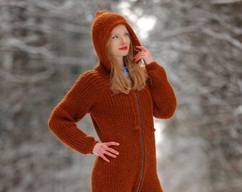 SuperTanya brown wool bodysuit hoodie wool catsuit Ready to Ship sizе M / L