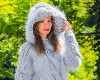 SuperTanya gray mohair sweater unique cable knit warm ski pullover with hood  - ready to ship - size M - L