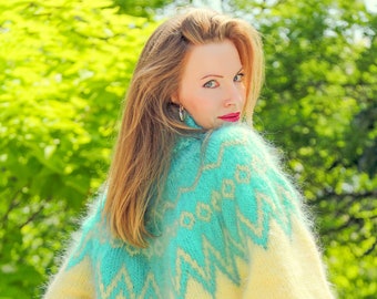 Yellow green mohair sweater with Nordic Icelandic pattern, ready to ship, size L-XL ***SUPERTANYA***