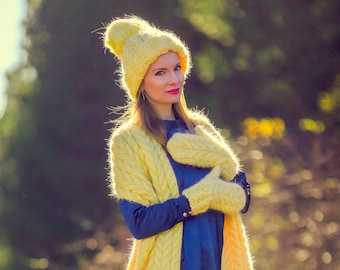 Yellow cable knit scarf hat mittens, unique mohair set by SuperTanya, ready to ship, one size