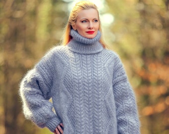 SuperTanya gray fuzzy mohair sweater unique cable knit warm ski pullover  - ready to ship - size XL