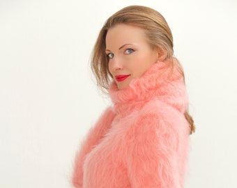 Fuzzy pink mohair bodysuit fluffy mohair sweater with extra long turtleneck by SuperTanya, ready to ship, sizе  M