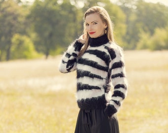 Zebra sweater hand knitted mohair black white pullover by SuperTanya, size S/M