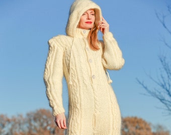 SuperTanya mohair catsuit with hood ivory fuzzy wool bodysuit, Ready to Ship sizе M