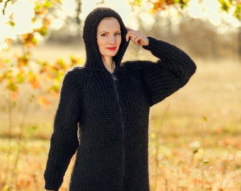 Black mohair catsuit with zipper hand knitted bodysuit ready to ship size M - L