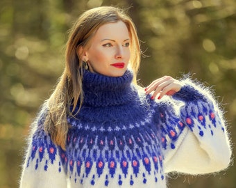 SuperTanya Icelandic mohair sweater blue white Nordic jumper pullover colorful jumper - Ready to Ship - Size L