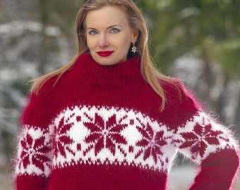 Norwegian red white mohair sweater hand knitted warm ski jumper by SUPERTANYA