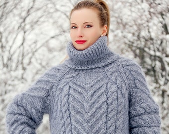 Cable knit sweater hand knitted thick mohair pullover fuzzy jumper by SuperTanya