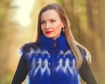 SuperTanya fuzzy blue mohair vest with zipper and Nordic pattern ready to ship size M - L