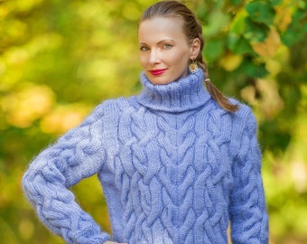 Blaues Kabel Mohair Pullover SuperTanya