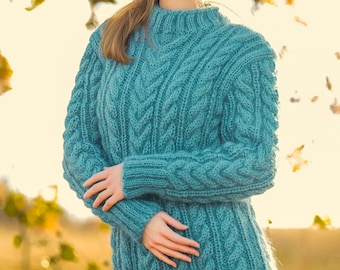 Thick cable knit mohair sweater hand knitted designer warm winter pullover SuperTanya