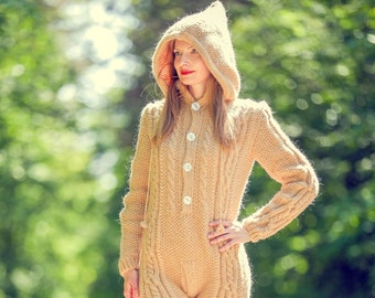 SuperTanya beige catsuit with hood, wool bodysuit, Ready to Ship sizе M