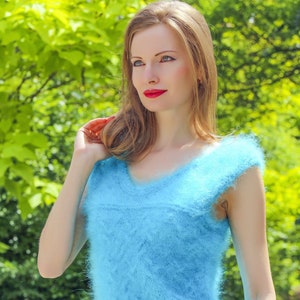 Blue fuzzy mohair vest, warm sleeveless designer sweater by SuperTanya