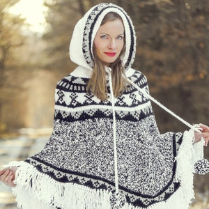Wool Nordic poncho multicolor hoodie sweater in black, grey and white by SuperTanya