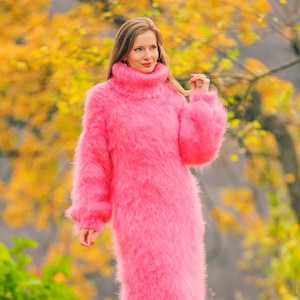 SuperTanya pink mohair dress long slouchy sweater tunic hand knitted fluffy gown *** Ready to Ship *** size L