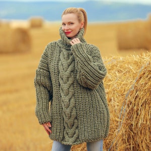 SuperTanya organic wool sweater green thick natural 100 % itchy wool pullover- ready to ship - XL- XXL  size *** 2.5 KG ***