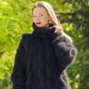 Fuzzy Black Turtleneck Mohair Sweater Hand Knitted Warm - Etsy