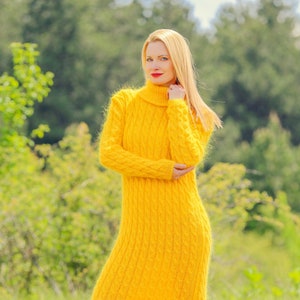 Yellow cable knit long dress mohair gown ready to ship by SuperTanya fits size XS and S
