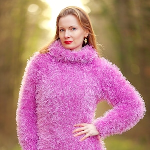 Fluffy purple sweater turtleneck tunic hand knitted dress ready to ship size M by SuperTanya