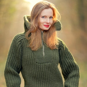 SuperTanya green wool sweater with zipper turtleneck wide collar hand knitted pullover - READY TO SHIP, size M - L