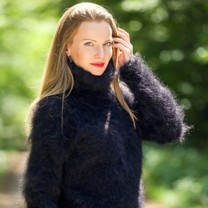 Black Sweater - Elegant Light Fuzzy Mohair Pullover Ready to Ship - Unique Knitted Fashion Gift for Her Christmas - Birthdays or Holidays