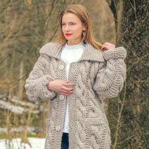 SuperTanya long wool cardigan beige cable knit thick sweater coat size S / M,  ready to ship *** 3.3 KG***
