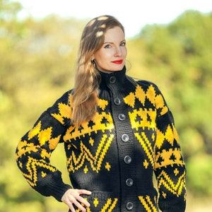 Handmade Norwegian wool cardigan hand knitted sweater jacket black yellow pullover SuperTanya