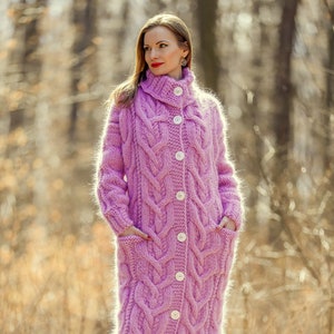 Long Pink Mohair Cardigan Designer Handmade Fuzzy Greatcoat | Etsy