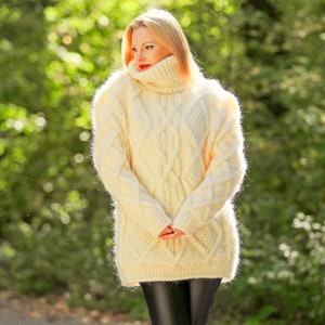SuperTanya ivory mohair sweater, thick cable mohair pullover ready to ship size M-L
