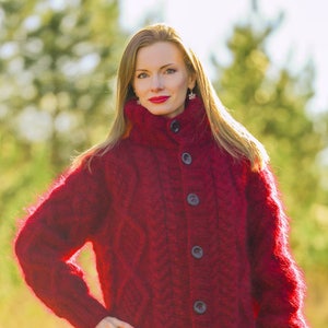 Bespoke red cable knit mohair wool cardigan, thick handmade luxury jacket by SuperTanya