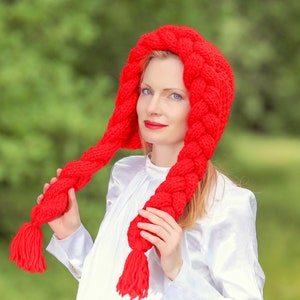 SuperTanya red hat cable knit hat with braids red riding hood hat Halloween hat READY TO SHIP