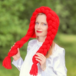 SuperTanya red hat cable knit hat with braids red riding hood hat Halloween hat READY TO SHIP image 1