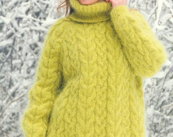 Handmade mohair sweater, designer cable knit pullover, hand knitted turtleneck jumper, SuperTanya premium knitwear, made to order