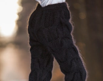 Black chunky mohair pants hand knitted SUPERTANYA thick mohair trousers ready to ship size L -XL