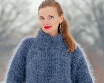 Ribbed mohair sweater hand knitted fuzzy mohair pullover by SuperTanya