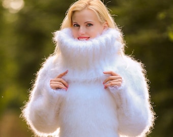 Thick fuzzy mohair sweater dress hand knitted turtleneck fuzzy sweaterdress tunic by SuperTanya